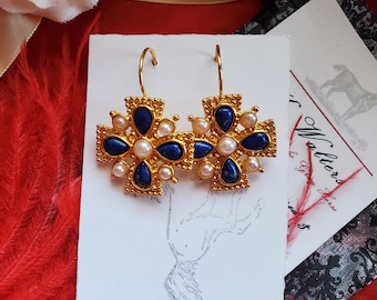 E-0663 - Maltese Cross Style Glass Pearl and Blue Teardrop Earrings - Pearls, Blue, Tudor Earrings, Renaissance