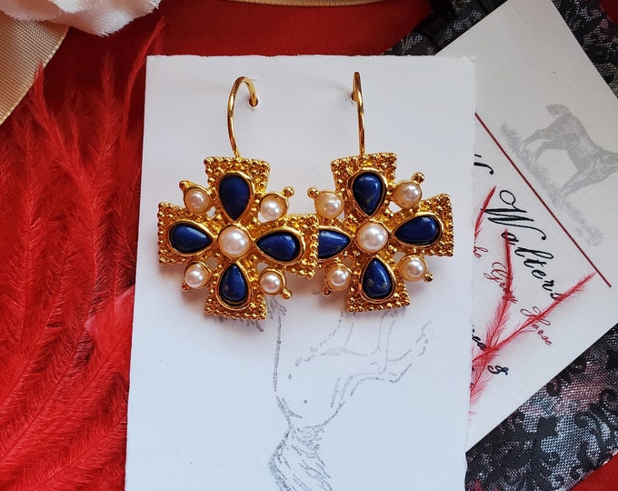 E-0663 - Maltese Cross Style Glass Pearl and Blue Teardrop Earrings - Pearls, Blue, Tudor Earrings, Renaissance