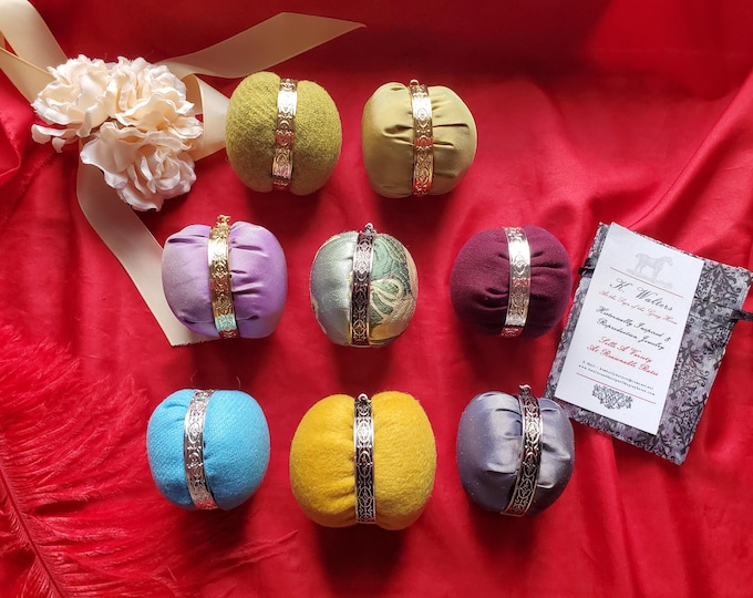 PE-0098BL - Silk or Wool Pin Ball - Equipage, Chatelaine, Sewing, Embroidery, Historical Pinball, Pin Cushion, Hanging Pin Cushion
