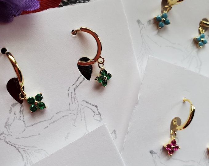 E-0077B - Vermeil or Sterling Silver Hoop Leverback with Crystal Forget Me Not Flower Drops - Flower, Floral, Crystals