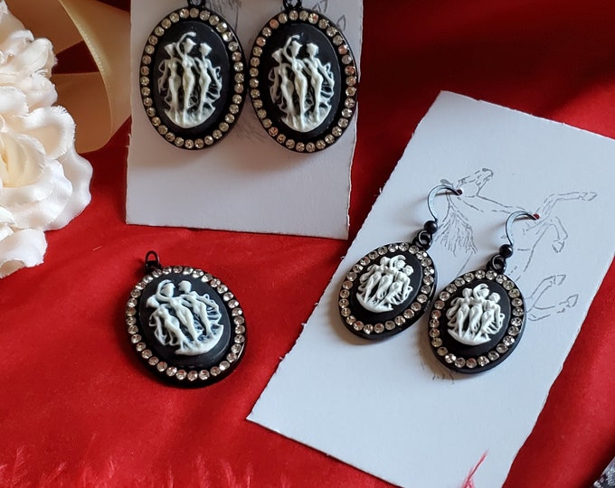 E-0587 - Onyx and Rhinestone Three Graces Earrings - Regency Earrings, Georgian, Civil War, Memento Mori, Mourning, Three Muses, Black