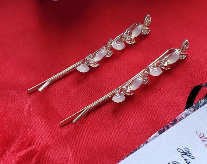 HA-0152 - Opaline Rhinestone Leaf Bobby Pin - Laurel Leaf