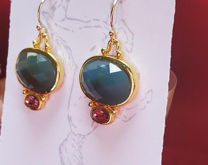 E-0610 - Faceted Green Jasper and Pink Crystal Earrings