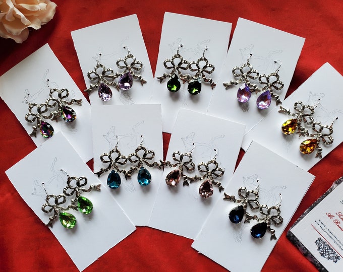 E-0580P - Paste and Silver Bow Drop Earrings - Georgian Bow Earrings, Georgian Earrings, Gilded Earrings