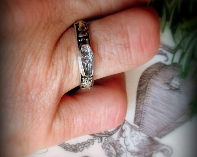 R-0000- Sterling Silver and Enameled Skeleton Memento Mori Ring with Crystal Coffin Ring, Memorial Ring, Steampunk, Goth Ring, Skull Ring