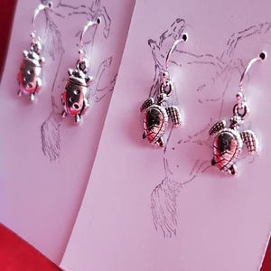 Könnte beinhalten: Zwei Paar silberne Ohrringe auf einer rosa Karte. Ein Paar zeigt ein Marienkäfer-Design, das andere Paar ein Schildkröten-Design.
