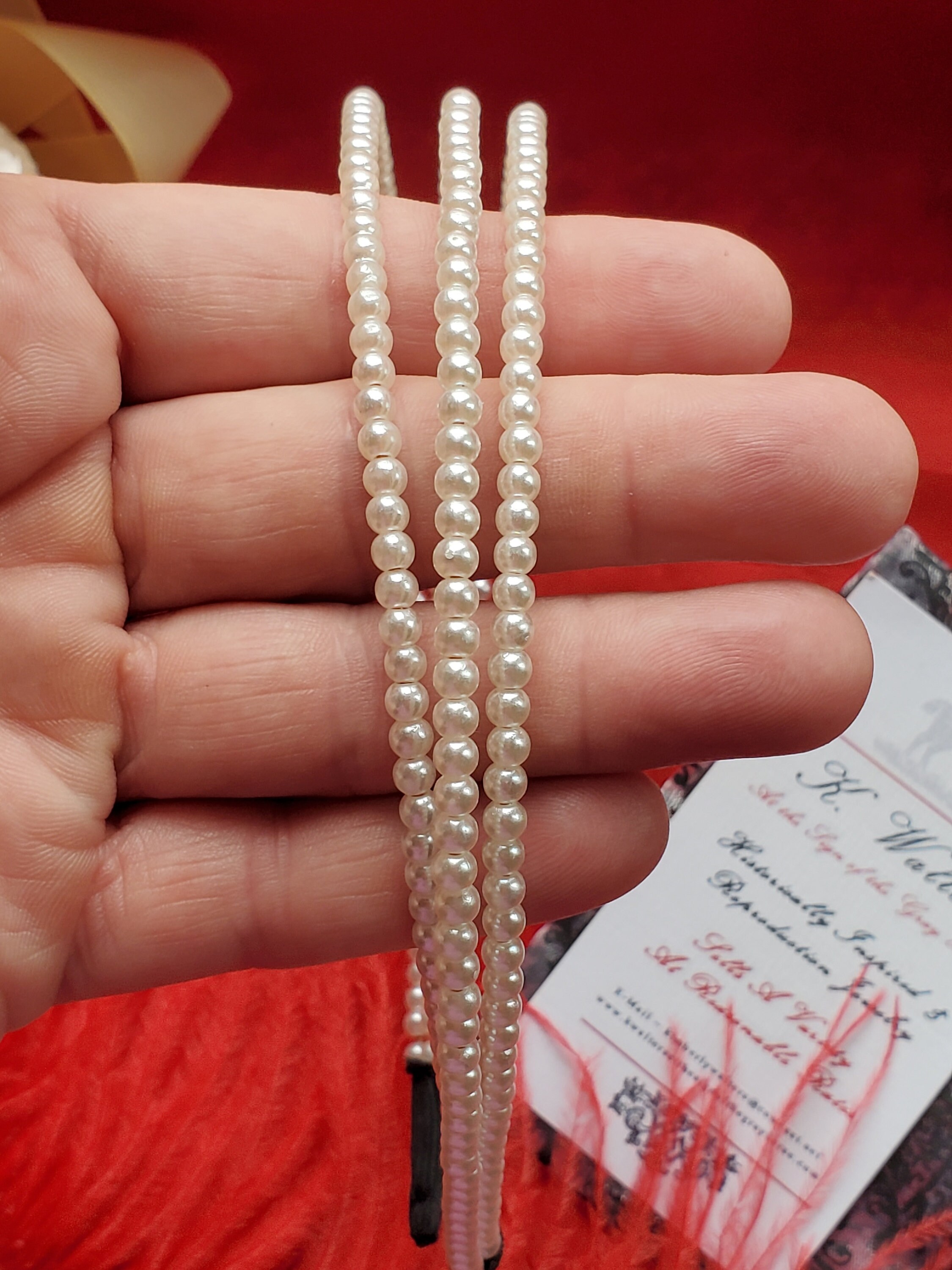 HA-0051 - Three Band Small Pearl Headband - Pearl Headband, White Glass Pearls, Regency, Georgian