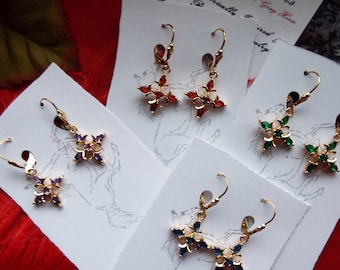 E-0629 - Fleur de Lis Rhinestone Short Cross Earrings, Renaissance, Georgian, Regency, Victorian, Blue, Green, Red, Light Amethyst