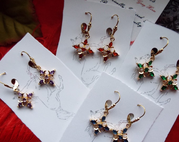 E-0629 - Fleur de Lis Rhinestone Short Cross Earrings, Renaissance, Georgian, Regency, Victorian, Blue, Green, Red, Light Amethyst