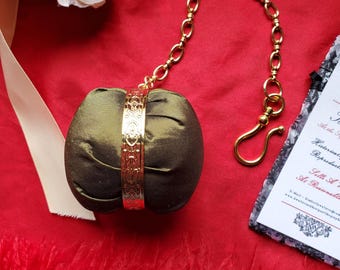 PE-0098BL - Silk Pin Ball with Ring - Equipage, Chatelaine, Sewing, Embroidery, Historical Pin Ball, Pin Cushion, Hanging Pin Cushion