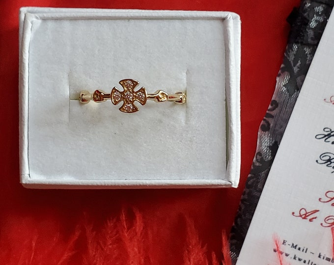 R-0087 - Knights of Templar Ring - 14K gold plate over Sterling Silver with clear Cubic Zurconia stones - Templar Ring - Cross Ring