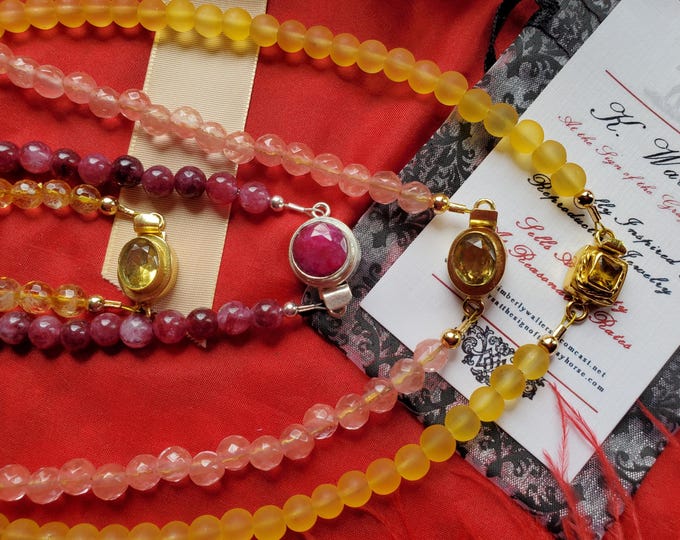 N-0012 - Single Strand Citrine, Cherry Quartz, Garnet or Yellow Sea Glass Necklace with Gold or Silve Plated Gemstone Clasp