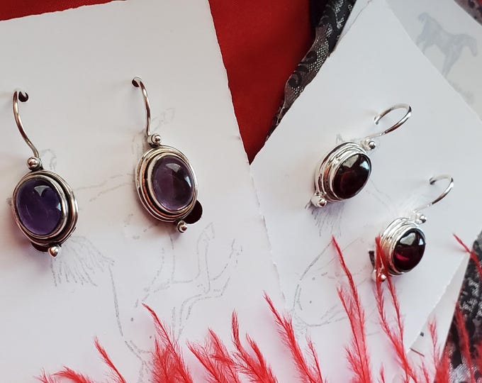 E-0630 - Sterling Silver Earwires with Oval Semi-Precious Garnet or Amethyst Drops