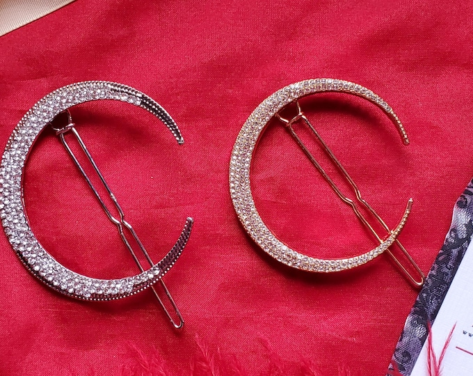HA-0105CD - Half Moon Crystal Barrette - Gold or Silver - 1780, Georgian, Celestial, Moon