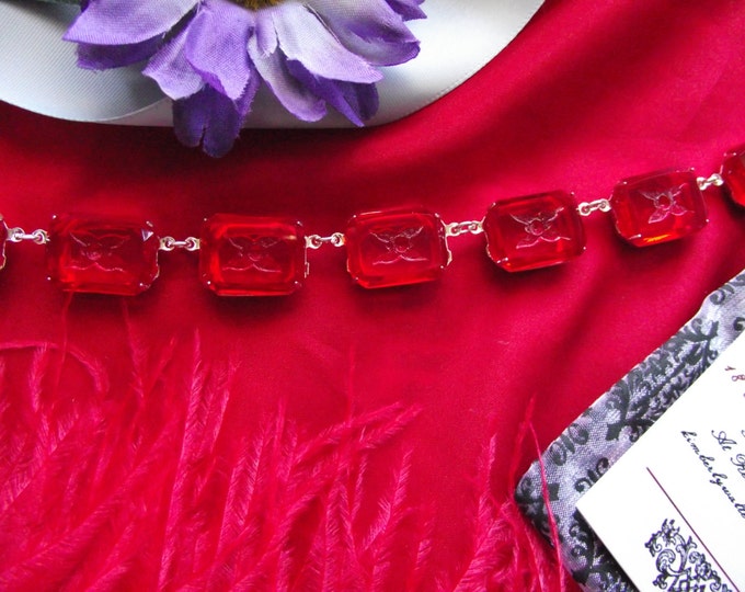 N-0107 - Georgian Paste Reproduction Collet Necklace with Vintage Ruby Intaglio Butterflies - Regency, Jane Austen