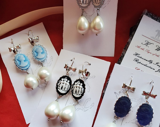 E-0522 - Brass Bow Leverback with Vintage Reverse Intaglio Cameo and White South Sea Shell Pearls