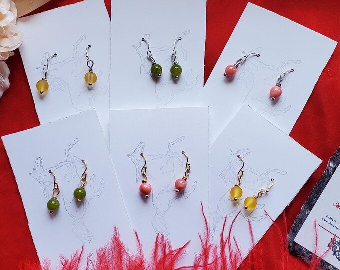 E-0017 - Yellow Sea Glass, Peridot or Pink Shell Round Drop Earrings - Simple, Campfollower, Living History, Ballet, Dance, Reenactor