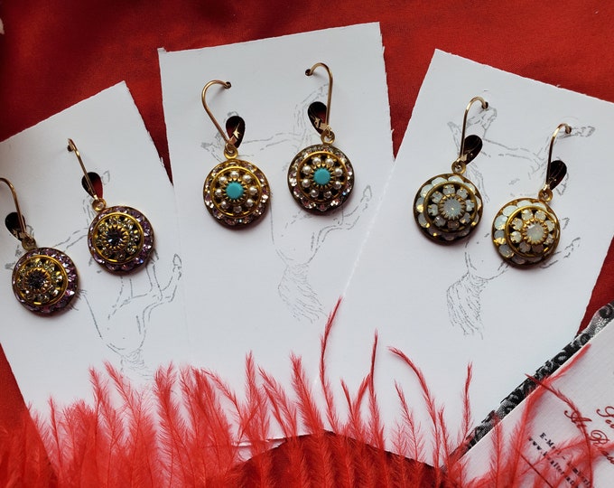 E-0535 - Vintage Crystal and Seed Pearl Cluster Sunflower Earrings - Happy Earrings, Georgian Cluster Earrings, Regency Fashion Plate