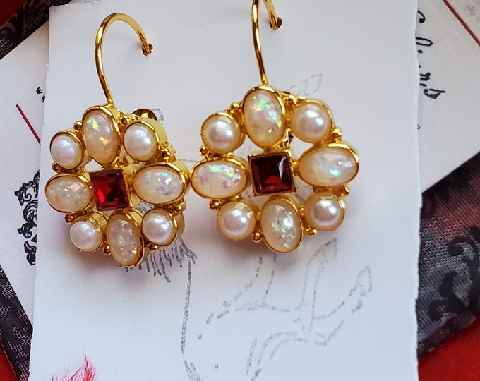 E-0601 - Gold Plate Leverback with Glass Pearls and Ruby Rhinestone Cluster Earrings - Forget Me Not, Renaissance, Georgian, Regency
