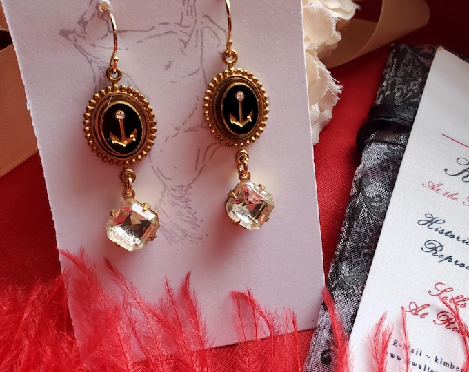 E-0407 - Vintage Anchor and Swarovski Crystal Earrings - Anchor, Remembrance, Hope, Memento Mori