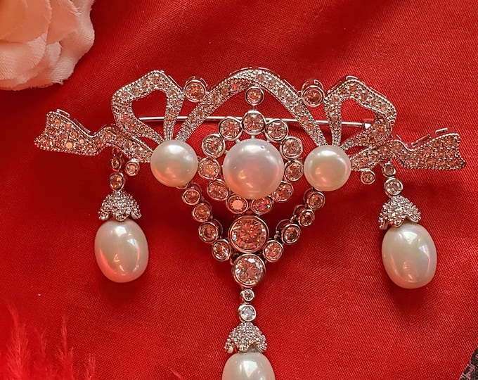 BR-0089 - Silver Glass Pearl and Rhinestone Baroque Brooch - Georgian, Rococco, Baroque, Silver, White Glass Pearls