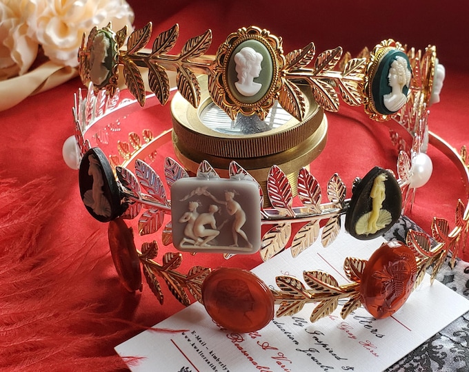 T-0022 - Vintage Leaves with Cameo or Intaglios Neoclassical Regency Tiara, Georgian Tiara, Regency Coronet, Princess Josephine Tiara