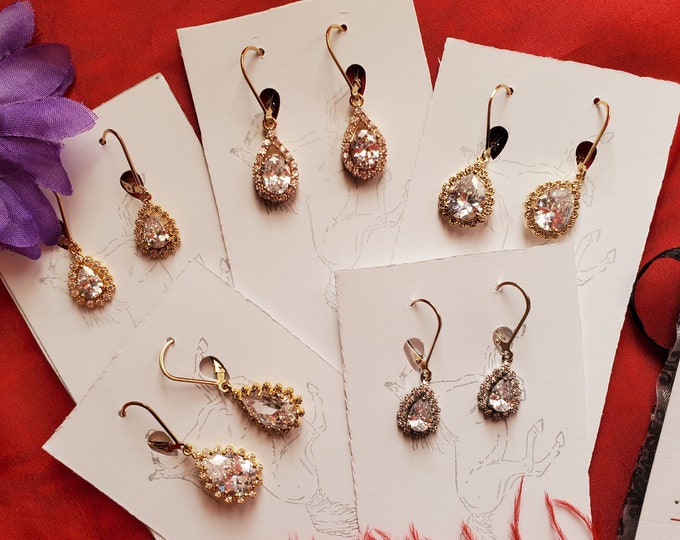 E-0542  - Gold-Filled or Sterling Silver Leverbacks with CZ Teardrops - Georgian Jewelry, Regency Jewelry, Victorian Jewelry, Rococo Jewelry