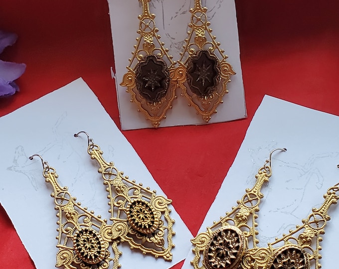 E-0239W - Gold-Filled Earwrires with Jet Black and Gold Intaglio Pendalogue Earrings - Georgian Cameo, Civil War, Victorian, Regency