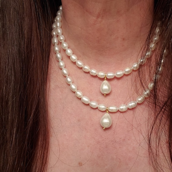 N-0096A and B - Mrs. Gavin Lawson Style White Cultured Rice Pearl with South Sea Shell Pearl Teardrop Necklace - TURN Washingtons Spies