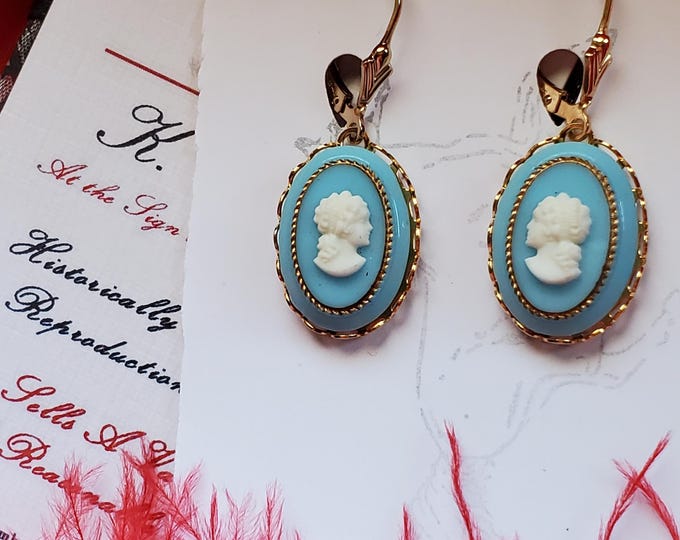 E-0077 - Gold Filled Tulip Leverback with Vintage Turquoise Lady Cameo Drops - Georgian, Regency, Napoleonic, Federalist