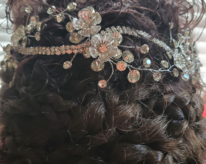 HA-0010 - Crystal Wire Flower Hair Band - Wedding, Hair Adornment, Ballet, Dance, Living History