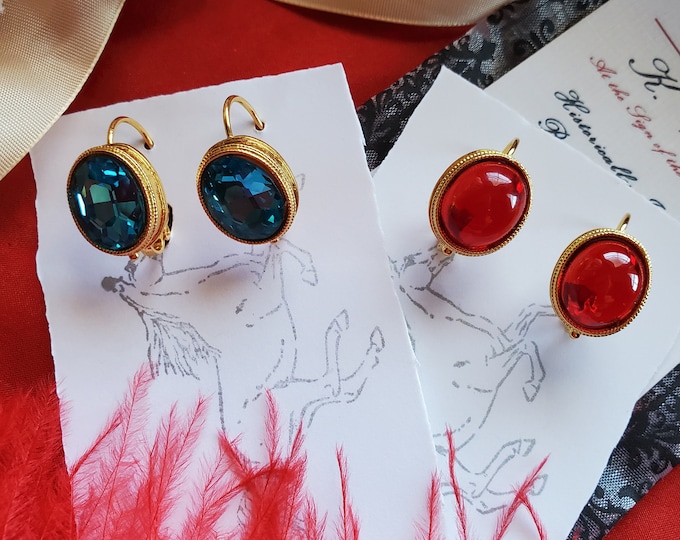 E-0551 - Oval Red or Aquamarine Glass Leverback Earrings - Jane Austen, Georgian, Past Times, Historical, Red, Aquamarine