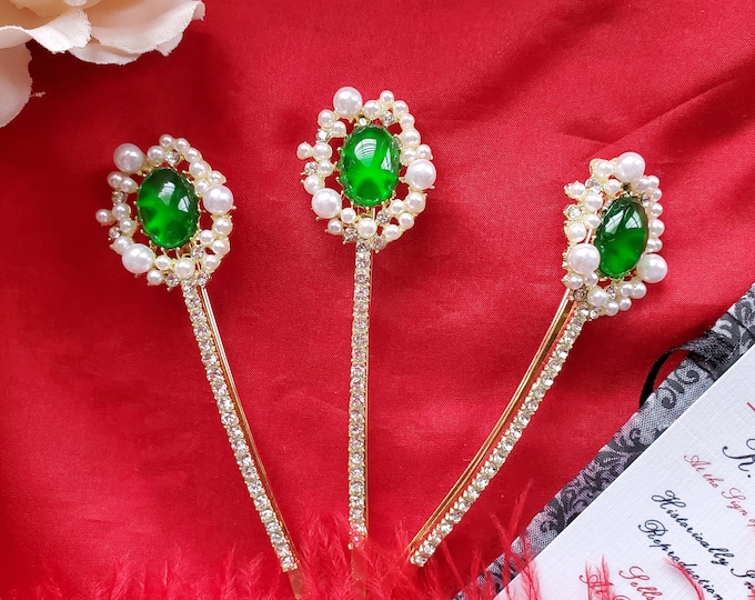 HA-0155 - Emerald Green, Pearl, and Clear Rhinetsone Bobby Pin - Rhinestone Bobby Pin