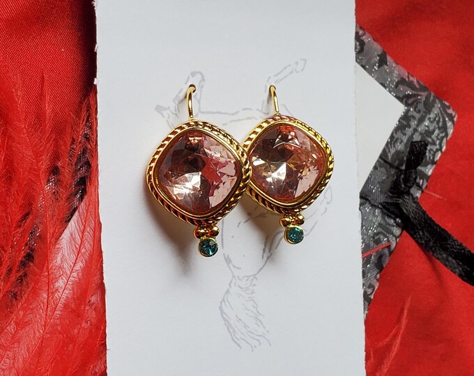E-0013 - Pink and Aquamarine Crystal Drop Earrings - Empress Josephine, Georgian, Regency