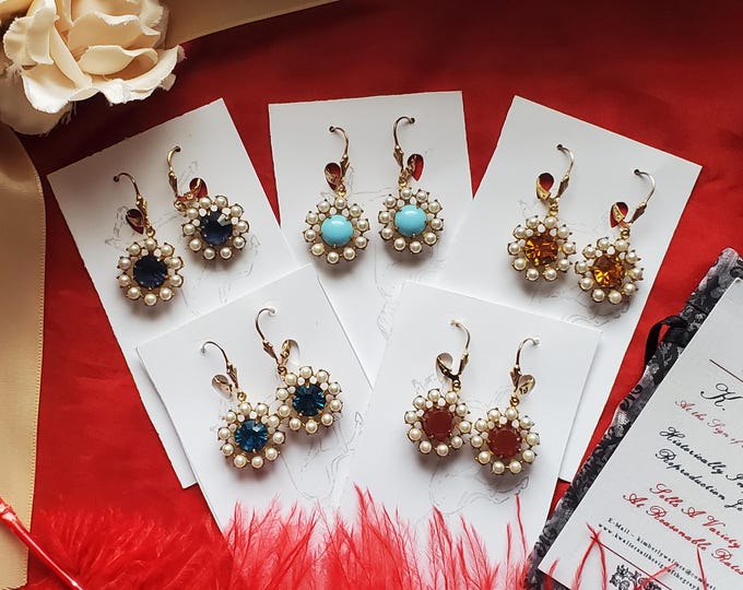 E-0577 - Pearl Cluster Swarovski Crystal Drops - Marie Antoinette, Georgian Earrings, Regency Earrings, Costumers Earrings, Seed Pearls