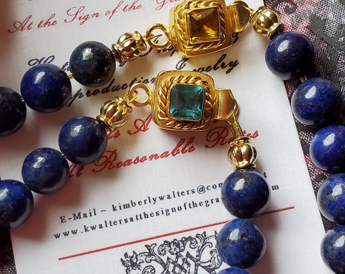 N-0072B - Lapis Lazuli and Citrine or Aquamarine Gold-Plated Slide Clasp Necklace - Blue Yellow