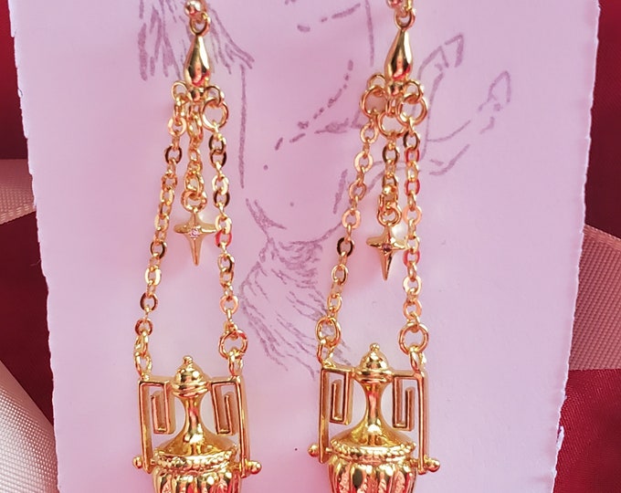 E-0539 - Greek Key Chain Urn Earrings - Regency Earrings - Greek, Roman, Urn, Chain Earrings