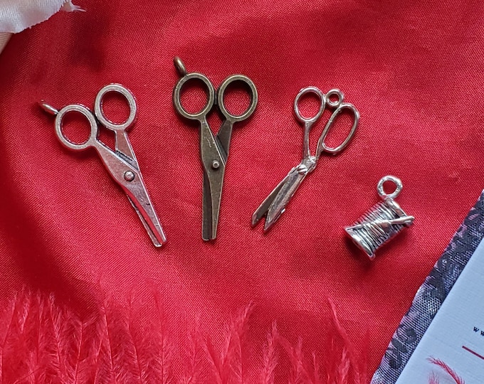PE-0240 - Silver Half Thread/Needle, Silver/Brass Scissor Charms - Equipage, Chatelaine, Pendant, Trinket
