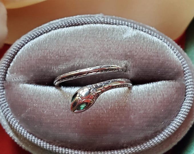 R-0006 - Snake Ring with Green CZ - Sterling Silver - Adjustable
