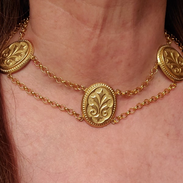 NE-0136 - Gold Chain Intaglio Festoon Necklace - Festoon, Chain, Gold, Cameo, Intaglio, Regency, Georgian, Lion Rampant, Crown Intaglio