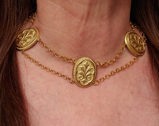 NE-0136 - Gold Chain Intaglio Festoon Necklace - Festoon, Chain, Gold, Cameo, Intaglio, Regency, Georgian, Lion Rampant, Crown Intaglio