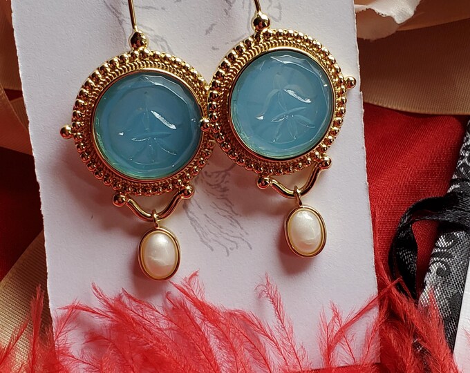 E-0011 - Blue Neoclassical Intaglio and Pearl Drop Earrings - Empress Josephine, Georgian, Regency