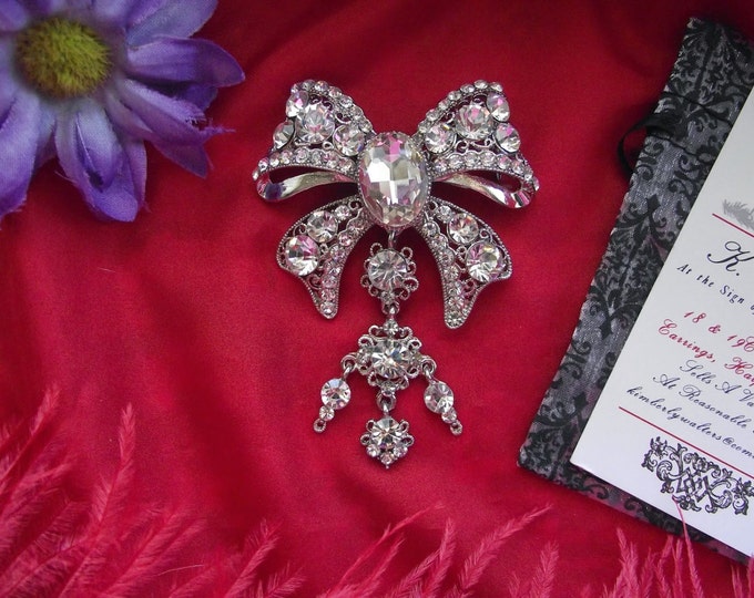 BR-0014 - Bow Rhinestone Brooch - Silver, Gold, Aquamarine, Clear