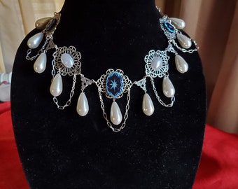 NE-0136B - Silver Chain and Pearl Festoon Necklace - Festoon, Chain, Gold, Cameo, Intaglio, Regency, Georgian, Glass Pearls