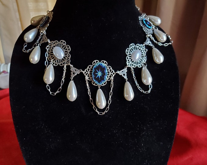 NE-0136B - Silver Chain and Pearl Festoon Necklace - Festoon, Chain, Gold, Cameo, Intaglio, Regency, Georgian, Glass Pearls