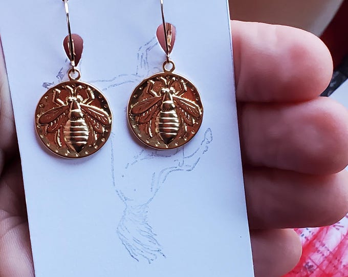 E-0242 - Gold-Filled Leverback with Round Bee Drops - Gold Bees, Bees, Regency, Napoleon