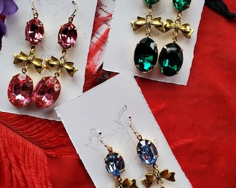 E-0638 - Pendientes de doble gota con lazo y pasta - Pendientes de lazo georgianos, pendientes georgianos, pendientes dorados, esmeralda, rosa y zafiro
