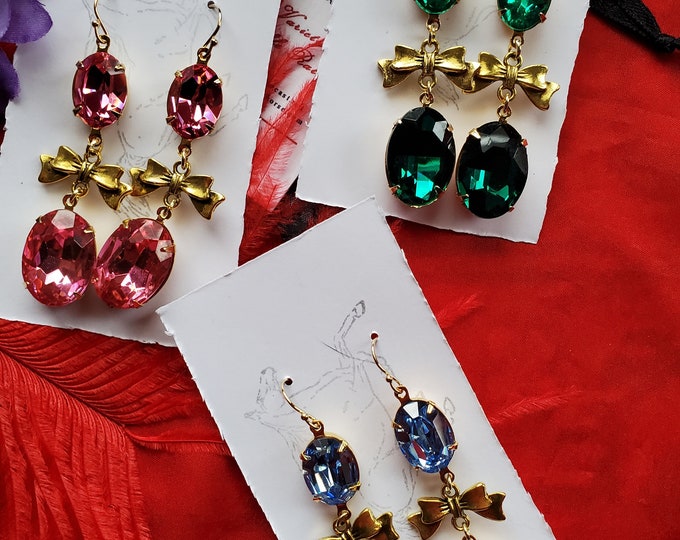 E-0638 - Paste and Bow Double Drop Earrings - Georgian Bow Earrings, Georgian Earrings, Gilded Earrings, Emerald, Rose, Sapphire