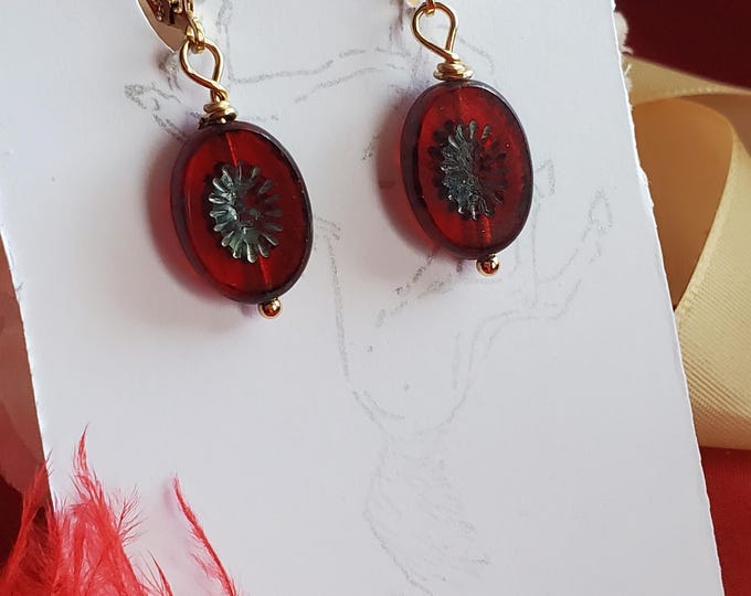 E-0776 - Czech Glass Red Drop Earrings