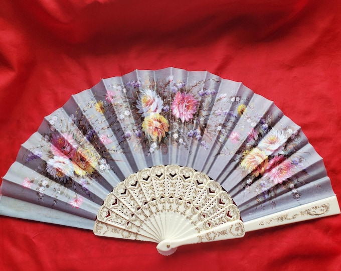 F-0005B - Silk Screen Hand Fan - Georgian Fan, Regency Fan, Victorian Fan, Hand Fan, Spanish Fan, Silk Fan, Fan